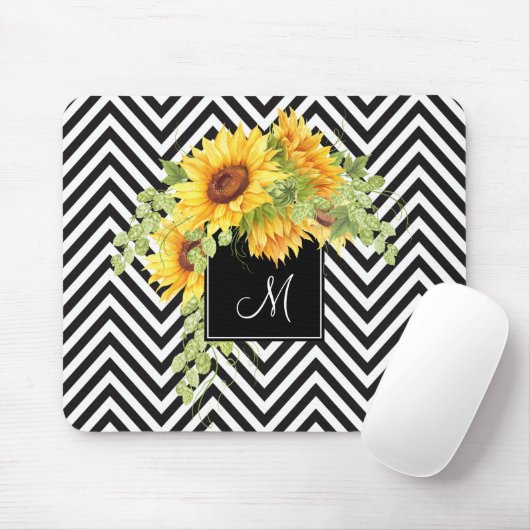 Zonnebloemen en Chevron Stripes met je monogram Muismat (Met muis)