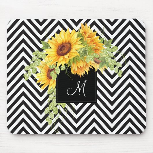 Zonnebloemen en Chevron Stripes met je monogram Muismat (Voorkant)
