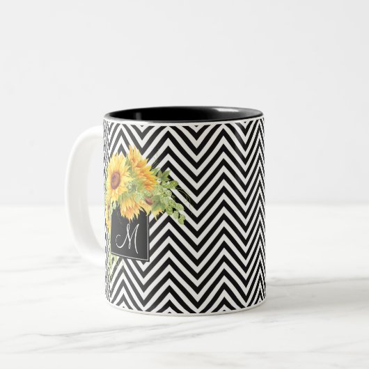 Zonnebloemen en Chevron Stripes met Monogram Tweekleurige Koffiemok (Voorkant links)