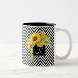 Zonnebloemen en Chevron Stripes met Monogram Tweekleurige Koffiemok