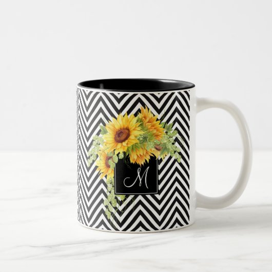 Zonnebloemen en Chevron Stripes met Monogram Tweekleurige Koffiemok (Rechts)