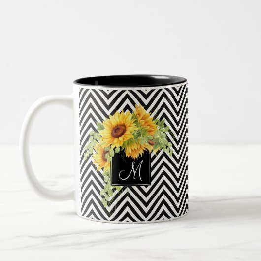Zonnebloemen en Chevron Stripes met Monogram Tweekleurige Koffiemok (Links)