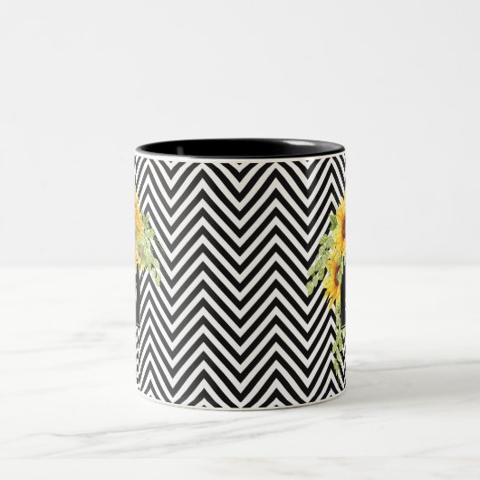 Zonnebloemen en Chevron Stripes met Monogram Tweekleurige Koffiemok (Center)