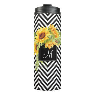 Zonnebloemen en chevrons met elk monogram thermosbeker