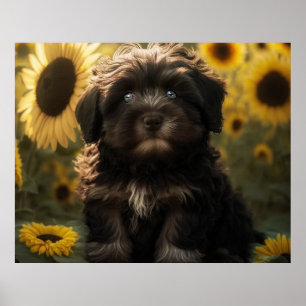 Zonnebloemen en Chocolade Havanese Puppy door Hava Poster