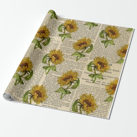 Zonnebloemen en  coursprint cadeaupapier (Uitgerold)