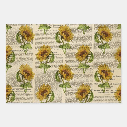 Zonnebloemen en  coursprint inpakpapier vel (Voorkant)