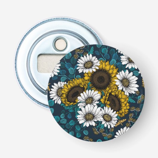 Zonnebloemen en dagbladen, zomertuin 2 button flesopener (Voorkant)