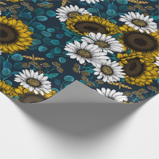 Zonnebloemen en dagbladen, zomertuin 2 cadeaupapier (Hoek)