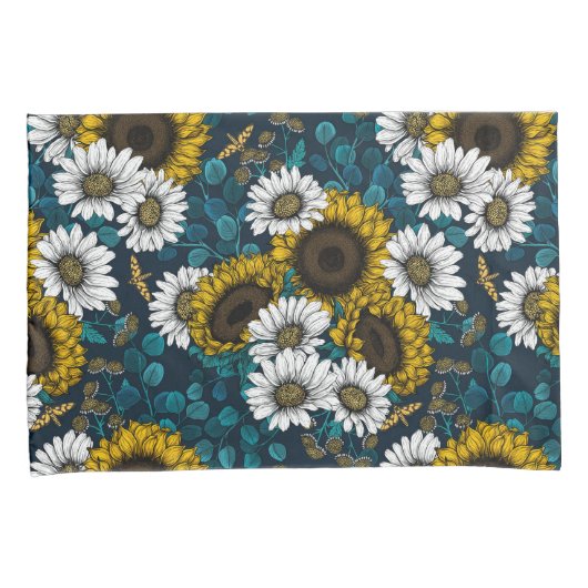 Zonnebloemen en dagbladen, zomertuin 2 kussensloop (Voorkant-Rechts)