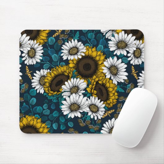 Zonnebloemen en dagbladen, zomertuin 2 muismat (Met muis)