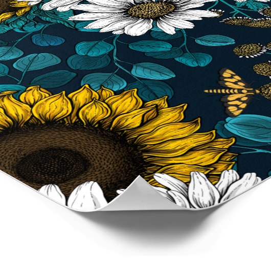 Zonnebloemen en dagbladen, zomertuin 2 poster (Hoek)