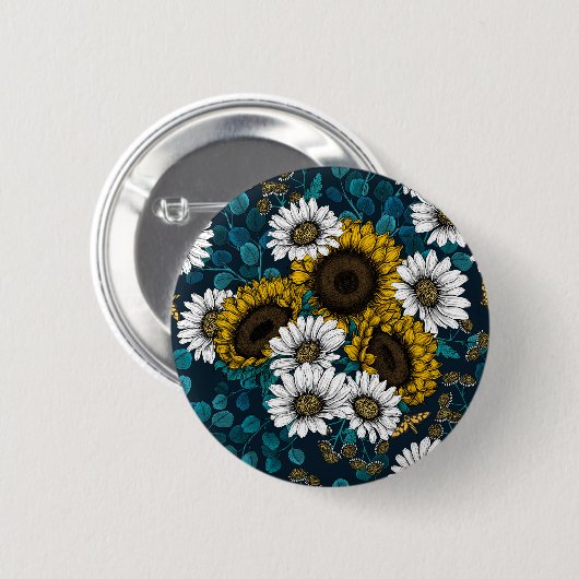 Zonnebloemen en dagbladen, zomertuin 2 ronde button 5,7 cm (Voorkant /achterkant)
