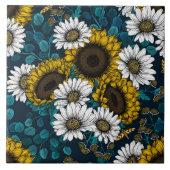 Zonnebloemen en dagbladen, zomertuin 2 tegeltje (Voorkant)