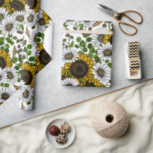 Zonnebloemen en dagbladen, zomertuin 3 cadeaupapier