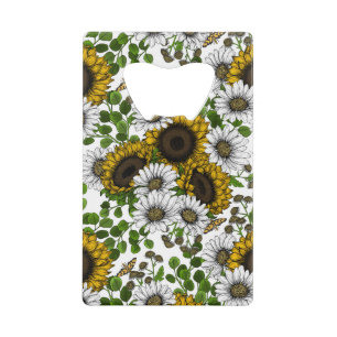 Zonnebloemen en dagbladen, zomertuin 3 creditkaart flessenopener