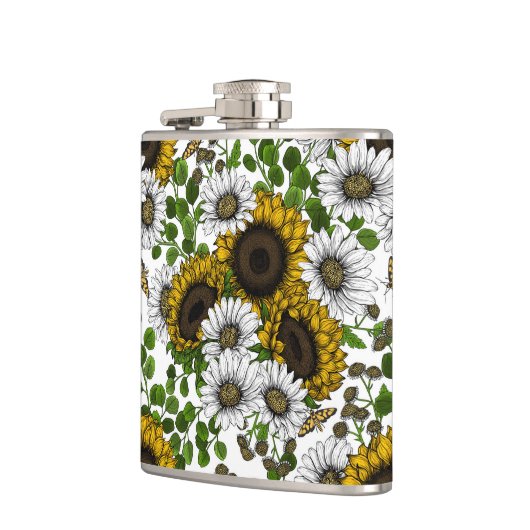 Zonnebloemen en dagbladen, zomertuin 3 heupfles (Links)