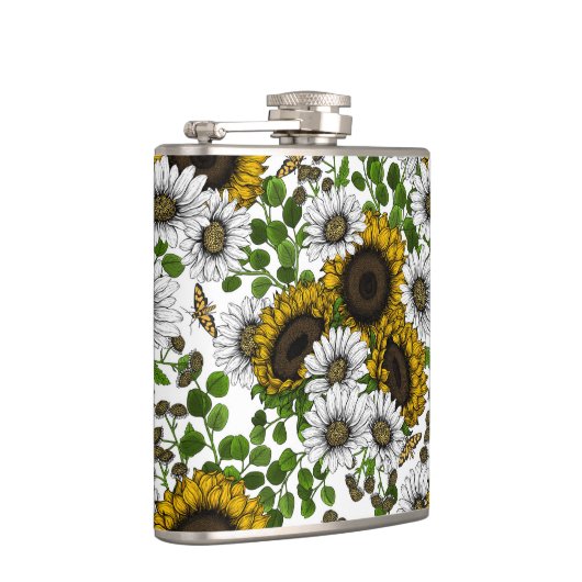 Zonnebloemen en dagbladen, zomertuin 3 heupfles (Rechts)