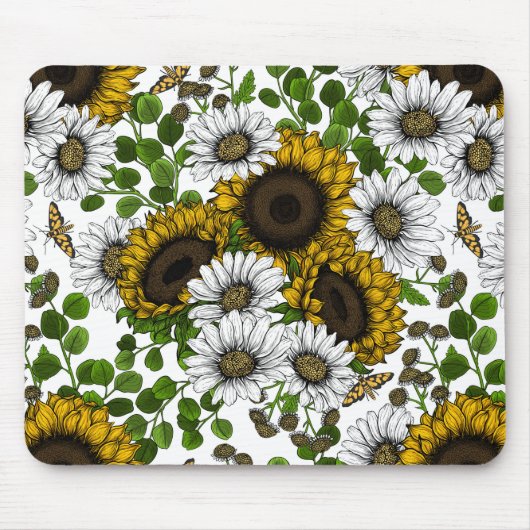 Zonnebloemen en dagbladen, zomertuin 3 muismat (Voorkant)