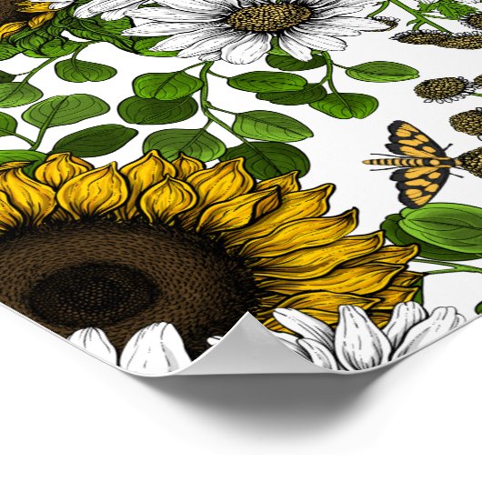 Zonnebloemen en dagbladen, zomertuin 3 poster (Hoek)