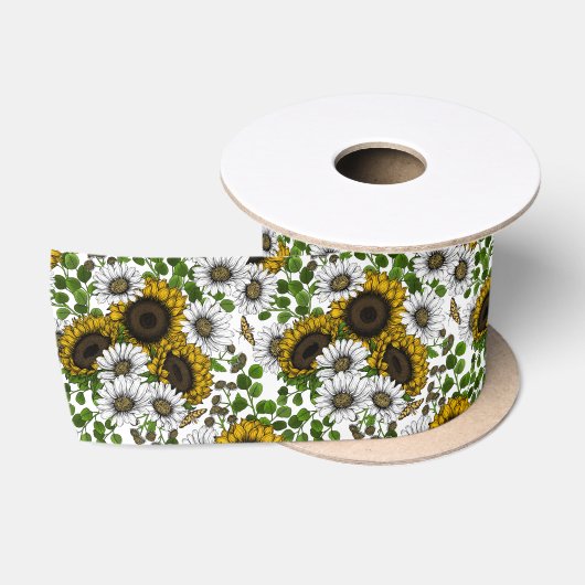Zonnebloemen en dagbladen, zomertuin 3 satijnen lint (Spoel)