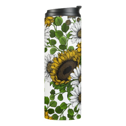 Zonnebloemen en dagbladen, zomertuin 3 thermosbeker (Gedraaid links)