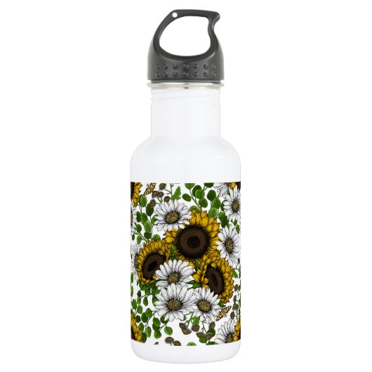 Zonnebloemen en dagbladen, zomertuin 3 waterfles (Voorkant)