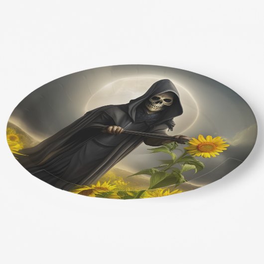 Zonnebloemen en de Grim Reaper Papieren Bordje (Gekanteld)