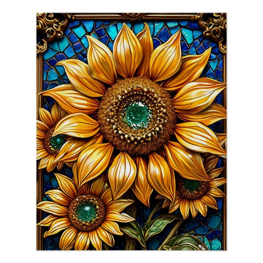 Zonnebloemen en decoratieve frame-elementen perfect poster (Voorkant)