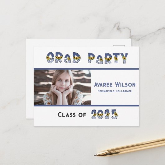 Zonnebloemen en denim dochter foto middelbare scho briefkaart (Voorkant / Achterkant in situ)