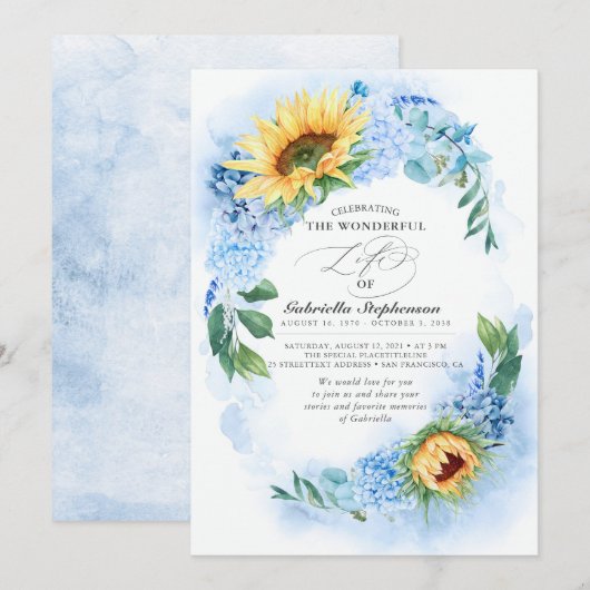 Zonnebloemen en Dusty Blue Hydrangea Floral Funera Kaart (Voorkant / Achterkant)