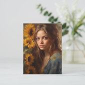 Zonnebloemen en een blonde vrouw briefkaart (Staand voorkant)