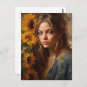 Zonnebloemen en een blonde vrouw briefkaart (Voorkant / Achterkant)