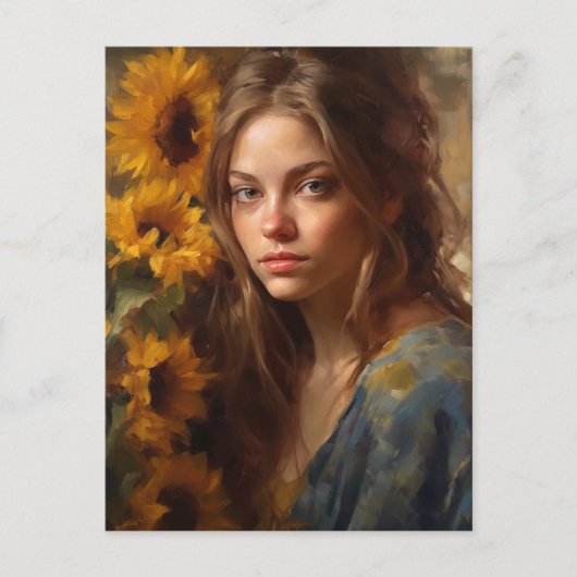 Zonnebloemen en een blonde vrouw briefkaart (Voorkant)