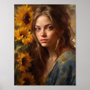 Zonnebloemen en een blonde vrouw poster