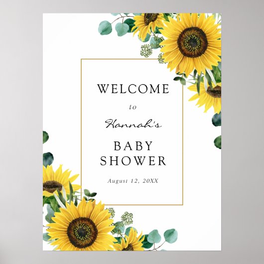 Zonnebloemen en Eucalyptus Baby Shower Welkomstbor Poster (Voorkant)