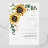 Zonnebloemen en Eucalyptus Rustic Wedding Zilver Folie Uitnodiging (Voorkant)
