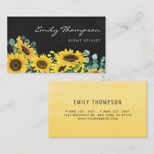 Zonnebloemen en eucalyptusbloemen, bijtend Chalkbo Visitekaartje (Voorkant / Achterkant)