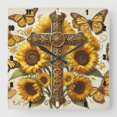 Zonnebloemen en fladderende gele vlinders. vierkante klok (Voorkant)