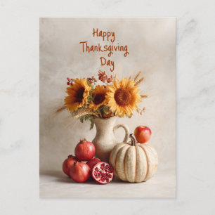 Zonnebloemen en fruit op een tafel, briefkaart