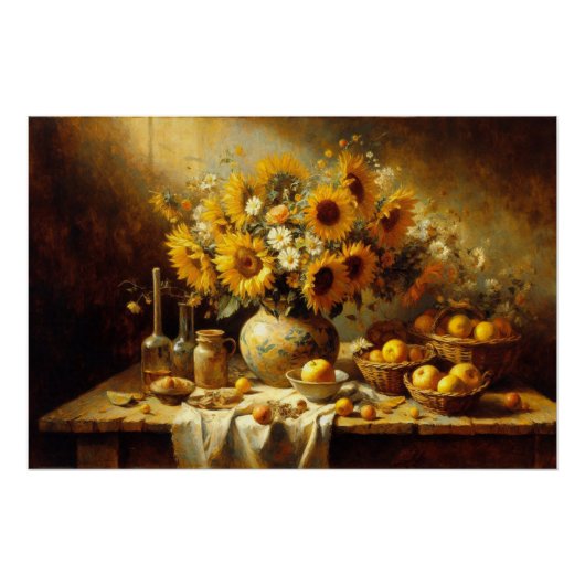 Zonnebloemen en fruit Stilleven Schilderen Decoupa Perfect Poster (Voorkant)