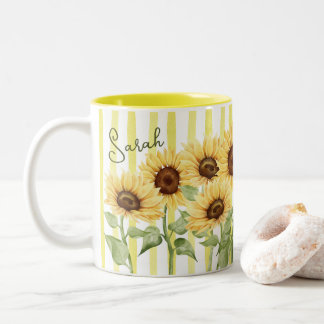 Zonnebloemen en gele strepen mok van 330ml