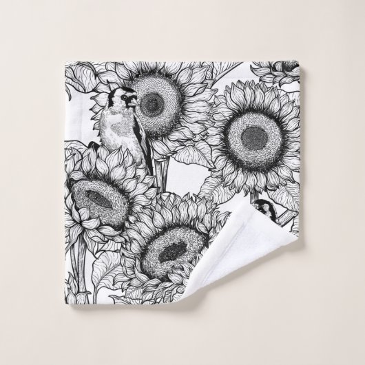 Zonnebloemen en goudvinken in zwart-wit bad handdoek (Wasdoekje)