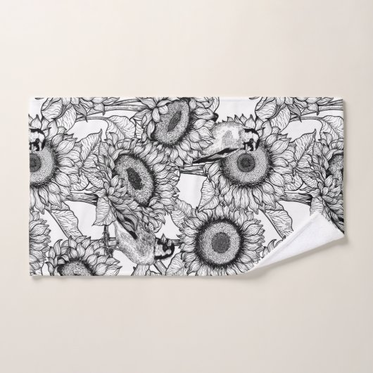 Zonnebloemen en goudvinken in zwart-wit bad handdoek (Handdoek)