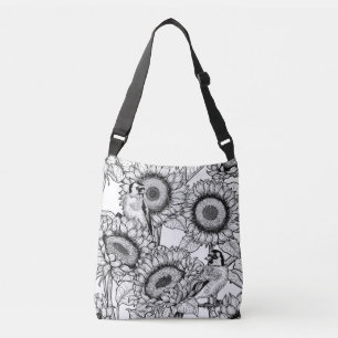 Zonnebloemen en goudvinken in zwart-wit crossbody tas