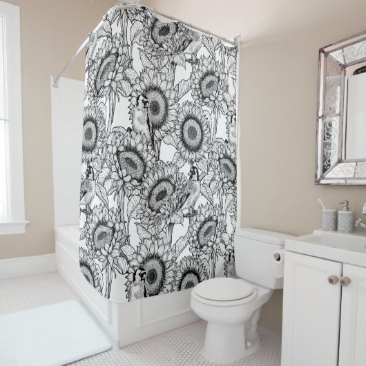 Zonnebloemen en goudvinken in zwart-wit douchegordijn (In situ)