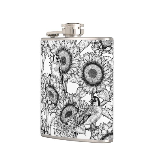 Zonnebloemen en goudvinken in zwart-wit heupfles (Links)