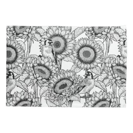 Zonnebloemen en goudvinken in zwart-wit kussensloop (Achterkant)