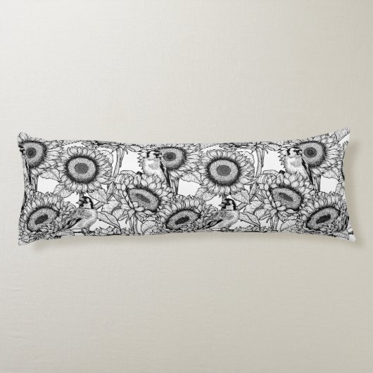 Zonnebloemen en goudvinken in zwart-wit lichaamskussen (Achterkant)