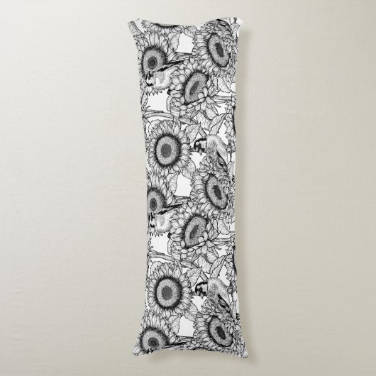 Zonnebloemen en goudvinken in zwart-wit lichaamskussen (Voorkant Verticaal)